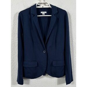 Garnet Hill Navy Blue Cotton Knit Blazer Jacket Womens Size 00 Single Button